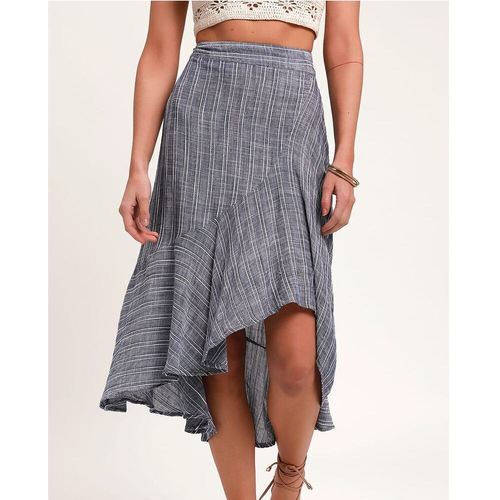 Lulu's Striped Asymmetrical Midi Skirt in Navy